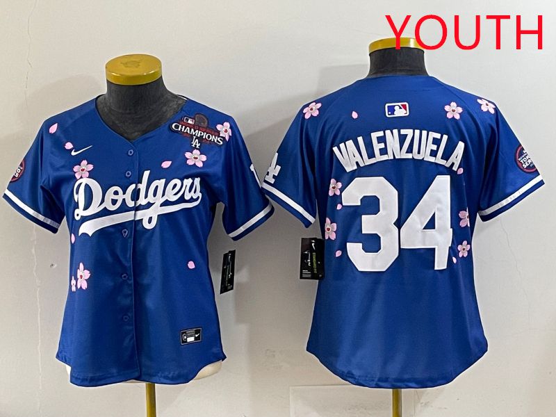 Youth Los Angeles Dodgers #34 Valenzuela Blue Sakura Edition 2025 Nike MLB Jersey style 35